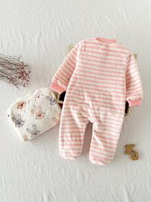 2pcs Newborn Baby Girl Cute Casual Striped Long Sleeve Knit Romper Set - Pink - View 2
