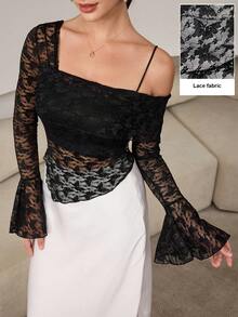 Modelyn Women's Sexy Asymmetric Shoulder Long Sleeve Asymmetrical Cropped Lace Sheer Flare Sleeve Blouse - Black - View 3