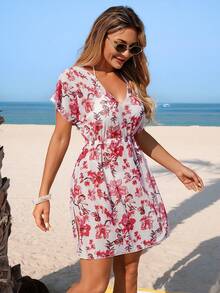 Swim Glamine Women's V-Neck Floral Print Fashionable Versatile Vacation Beach Cover-Up Dress - Multicolor - View 5