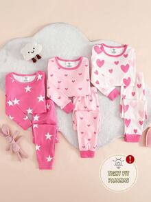 Bộ đồ ngủ bó sát cho bé gái, áo dài tay và quần dài, chất liệu vải thoải mái, kiểu dáng dễ thương và thanh lịch, họa tiết trái tim và ngôi sao trên toàn bộ, thích hợp mặc ở nhà cho bé gái - Hồng - Xem 4