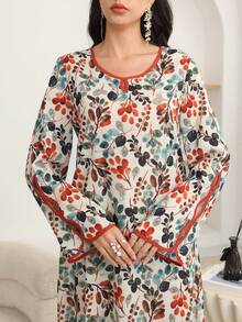 Al Najma Crew Neck Slit Sleeve Leaf Print Long Tunic Kaftan Jalabiya Dress - Black - View 7