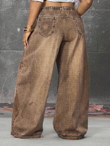 ROMWE EDITION Plus Size Vintage Washed Leopard Print Wide Leg Jeans - Brown - View 6