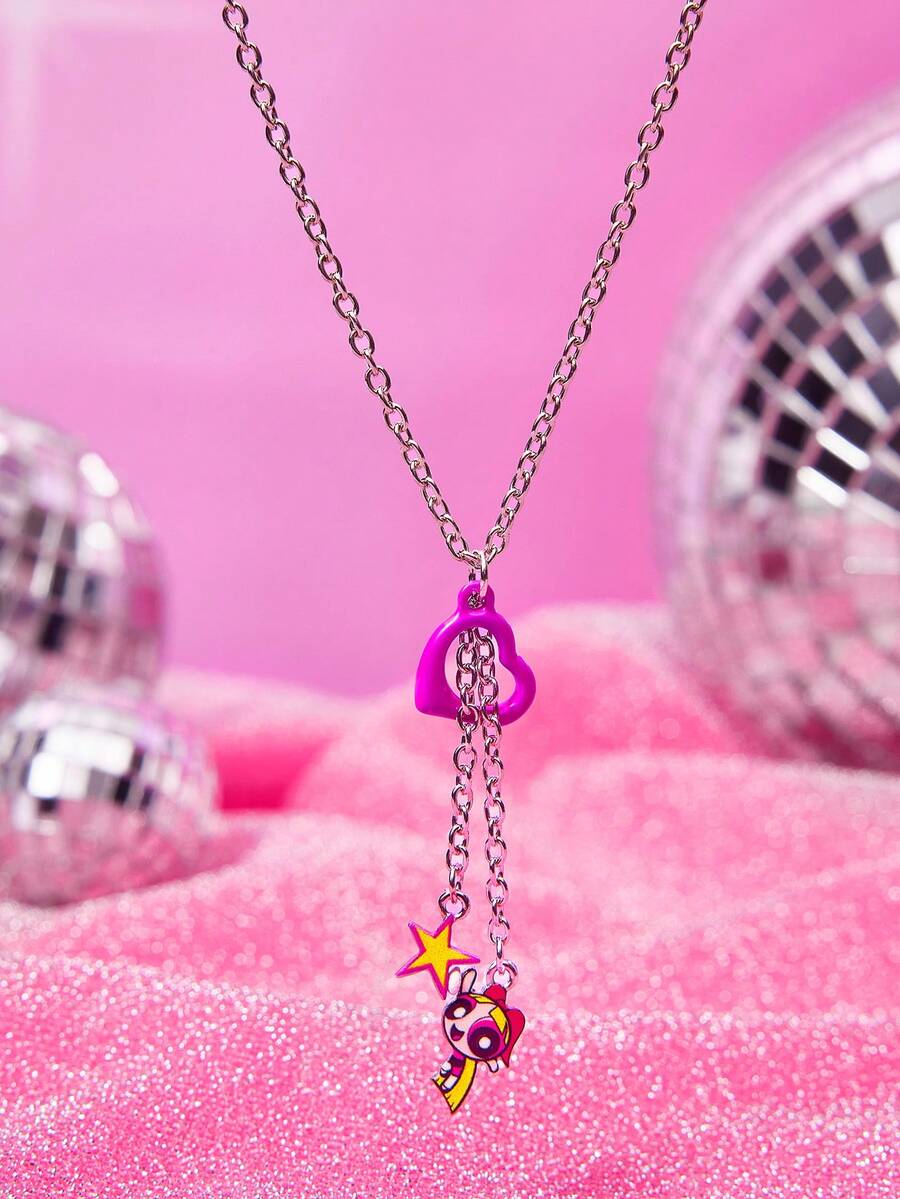 THE POWERPUFF GIRLS X SHEIN 新款锌合金卡通爱心项链,休闲可爱,适合派对、音乐会、节日等场合佩戴 - 白金 - 查看 1