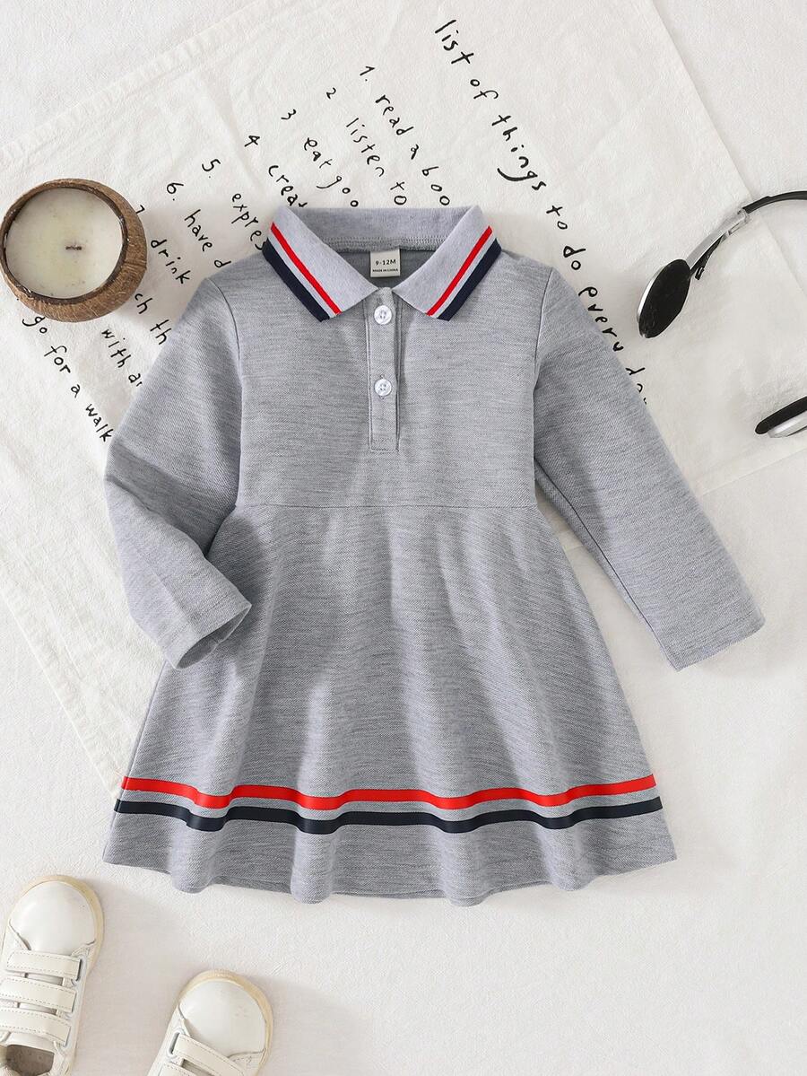 SHEIN Vestido de polo de manga larga con bloques de color para niñas bebé - Gris - Ver 1