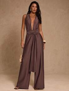 SHEIN Glamour Women's Fashionable Sexy Backless Halter Jumpsuit Brown Romper Women Palazzo Jumpsuit Deep V-Neck Wrap Belt Sleeveless Jumpsuit - Brown - View 1