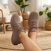 Mujer Zapatillas Deportivas De Tejido De Punto Transpirable Con Cordones Suela Gruesa Cafe Claro - Caqui - Ver 6