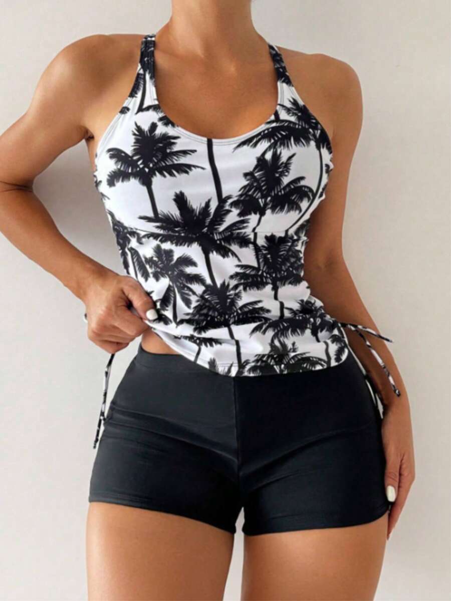 Trajes de baño para mujer Primavera/Verano 2026 - Ropa de playa para vacaciones de verano trajes de baño mujer ¡Traje de Baño 'Palmeras'! Estilo Verano Mexicano: Top Ajustable + Shorts Comodos para Playa o Piscina"