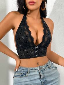 Women's Romantic Lace Sheer Heart Pattern Front Closure Backless Halter Bra - Black - View 5