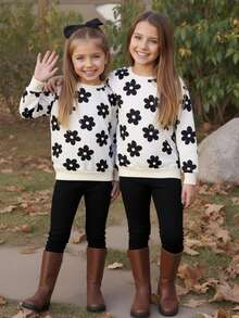 SHEIN 2 pièces/Set Ensemble Sweat-shirt à col ras du cou à manches longues et pantalon imprimé floral pour préadolescentes, automne/hiver - Noir et Blanc - Voir 3