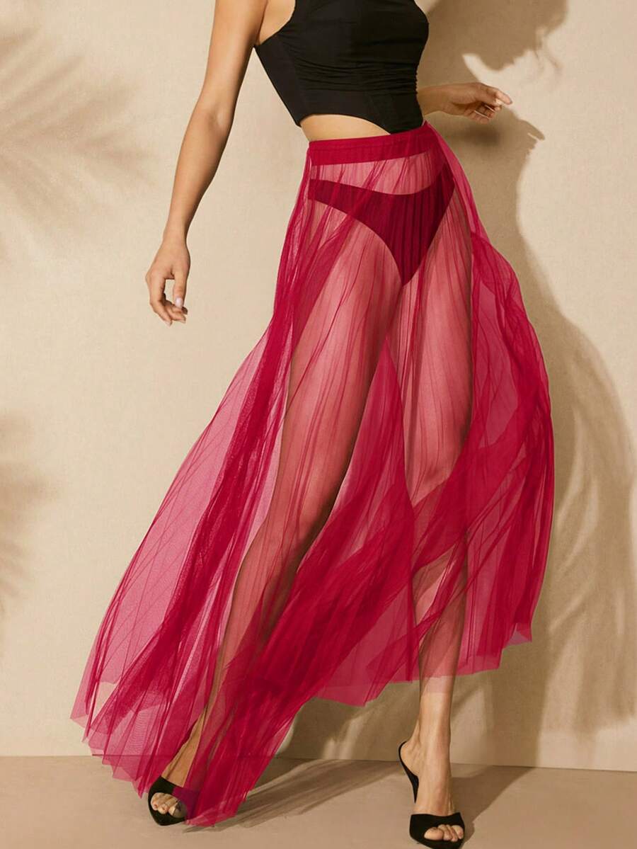 Hauture 女士性感透视褶皱网纱长裙 - 紅色 - 查看 1