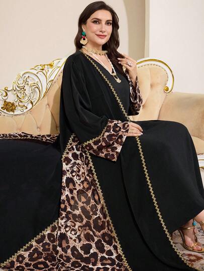 Al Najma Plus Size Women's Leopard Print Patchwork Long Sleeve Loose Arabic Abaya