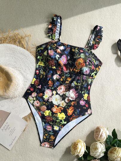 Soleia Plus Size Women Tropical Beach Floral Print Patchwork Ruffle Trim Halter One Piece Swimsuit