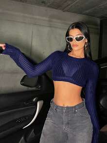 SHEIN ICON Spring Black Solid Crop Top Without Bra - Navy Blue - View 6