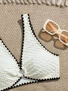 SHEIN 少女特制面料鲨鱼齿装饰泳衣套装，适合夏季、游泳、度假。 - 米色 - 查看 4