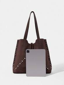 SHECARRY Ladies Large Capacity Suede Rivet Trim Shoulder Tote Bag - coffee color - View 4