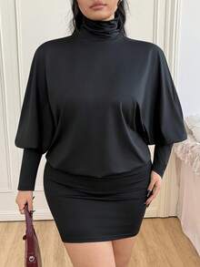 SHEIN EZwear Đầm suông hở lưng tay cánh dơi cổ cao thời trang cỡ lớn, phù hợp cho mùa xuân và mùa thu - màu đen - Xem 4