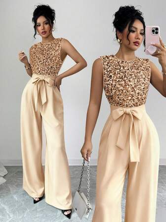 SHEIN Raffinéa Fransk elegant juljumpsuit, transparent paljettmönster, dragkedja baktill; midjebälte i tyg, rynkad design med puffärm, vida byxor