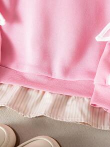 SHEIN 女童字母刺绣条纹拼接衬衫领休闲卫衣 - 粉色 - 查看 4