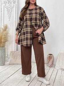 EMERY ROSE Plus Size Double-Layer Collar Check Shirt & Textured Wide-Leg Pants Set - Multicolor - View 5