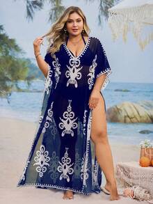 Swim Mulvari 大码宽松印花长袍连衣裙，中东保守风格，时尚沙滩罩衫 - 藍白色 - 查看 3