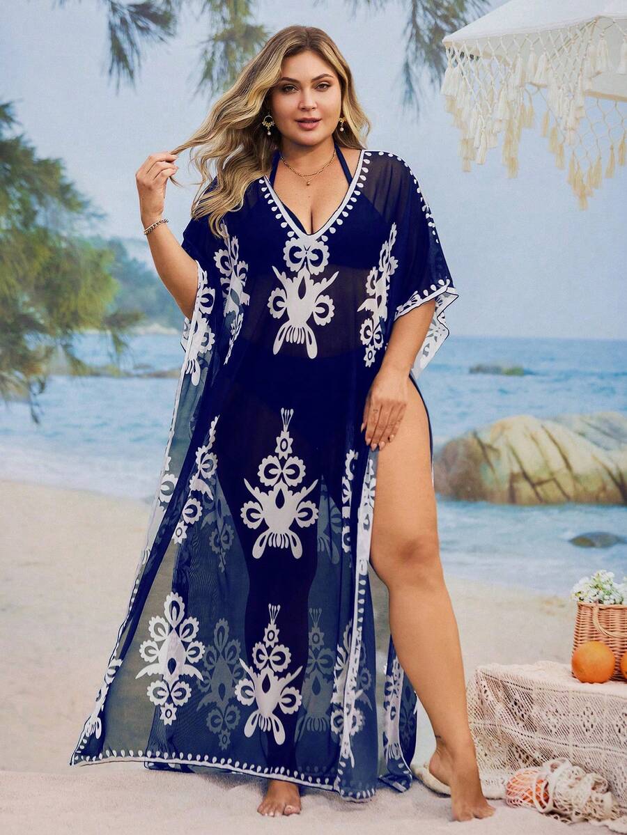 Swim Lushoire Plus Size Loose Fit Printed Kaftan Dress, Middle Eastern Conservative Style, Fashion Beach Cover-Up - Blue and White - View 1