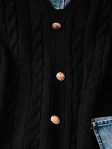 SHEIN LUNE Vintage & Gentle Combination, Denim Patchwork Knit Top, Denim Collar Exquisite Retro, Cuff Patchwork Design Unique Fashionable, Button Design Delicate With Details, First Choice For Dates - Black - View 4