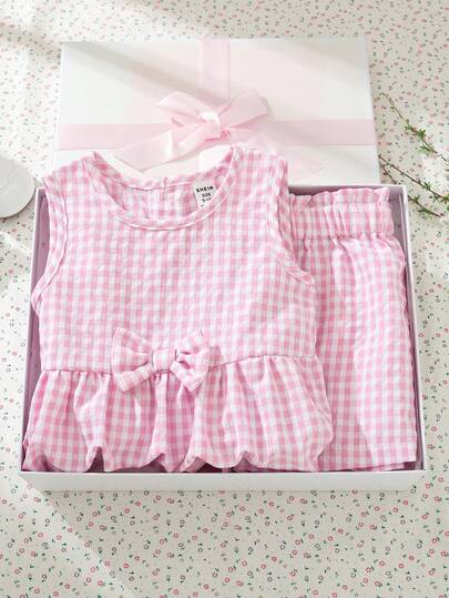 Souflis Souflis Set de 2 piezas Elegante conjunto de niña bebé con cuello de volantes con estampado de flores y cuadros, traje casual encantador para primavera/verano, 0-3 años