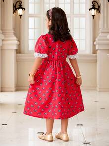 1 pieza Vestido de verano nuevo para niñas con estampado floral rojo, manga corta de globo, cuello de encaje blanco, cintura elástica, largo medio, estilo vintage de princesa - Rojo - Ver 2