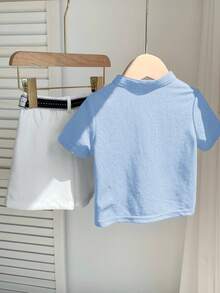 SHEIN 2pcs/Set Baby Boy Comfortable Casual Versatile Daily Fashion Minimalist Style Red Collar Short Sleeve T-Shirt POLO Knit Top And White Shorts Pants With Belt Multi-Piece Suit Uniform Formal Wear, Suitable For Indoor, Outdoor, Daily, Sports, Play, Party, Photo Shoot, Holiday, Festival, Wedding, Baby Shower, Christening And 1st Birthday Celebration, Spring/Summer - Blue - View 2