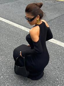 DAZY Robe pull ajustée à col roulé et épaules dénudées pour femmes, style Y2K hivernal