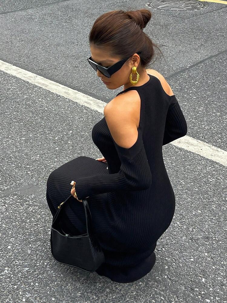 Women's Turtleneck Cold-Shoulder Fitted Sweater Dress, Winter Y2k