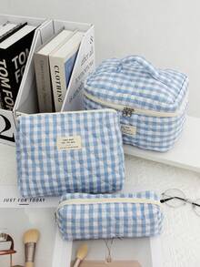 绗缝化妆包套装 化妆包 美观旅行洗漱包 可爱小袋 卡哇伊美学化妆包 旅行格子化妆收纳包 带拉链袋 Chere 格纹化妆包 旅行化妆包 大容量铅笔盒 化妆刷收纳袋 度假旅行洗漱包 浴室适用，婚礼礼物，伴娘礼物，生日礼物，朋友礼物，情人节礼物，节日礼物 - 淺藍色 - 查看 14