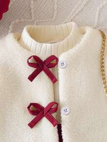 女婴/幼儿杏色蝴蝶结针织立领长袖上衣，卡其色百褶裙，配套贝雷帽，优雅淑女风四件套，适合所有季节 - 酒紅色 - 查看 6