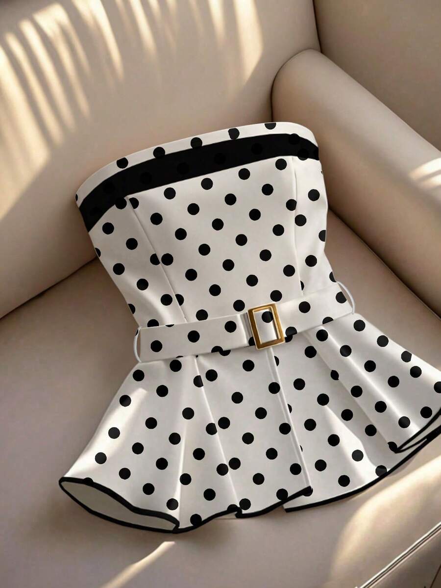 Franclia Autumn/Winter Bandeau Top, Tight Waist Charming Women Bandeau Blouse White Polka Dot Top White And Black Top Cute Tube Top Cute Clothes Polka Dot Strapeless Top - Black and White - View 1