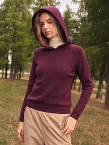 SHEIN In My Nature Women's Solid Color Regular Fit Raglan Sleeve Hooded Sweater - Coffee Brown - View 5