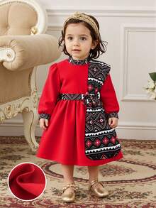 SHEIN Baby Girl Floral Retro Print Shawl Collar Casual Dress, Suitable For Daily, Vacation Wear, Spring/Autumn - Red - View 1