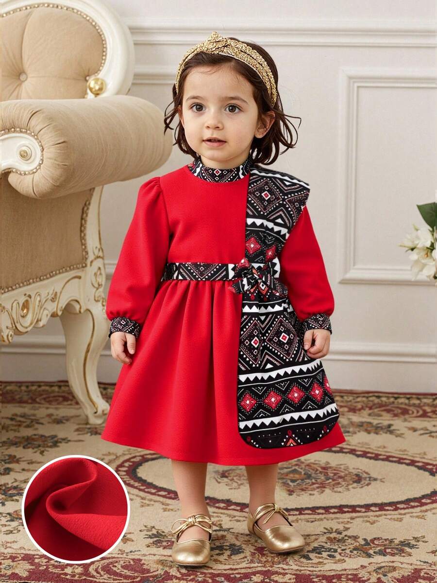 SHEIN Baby Girl Floral Retro Print Shawl Collar Casual Dress, Suitable For Daily, Vacation Wear, Spring/Autumn - Red - View 1
