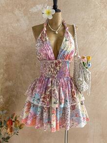 Soleia 度假风格多色拼布花卉复古褶饰蝴蝶结挂脖腰荷叶边下摆 A 字中长连衣裙 - 彩色 - 查看 1