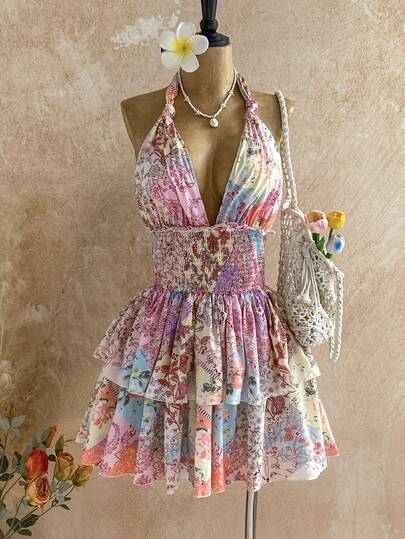 Soleia Vacation Style Multicolored Patchwork Floral Vintage Pleated Knot Bow Halter Waist Ruffle Hem A-Line Midi Dress Summer Dress Floral Dress Vacation Dress Boho Summer Dress Wildflower Dress Short Vacation Dress