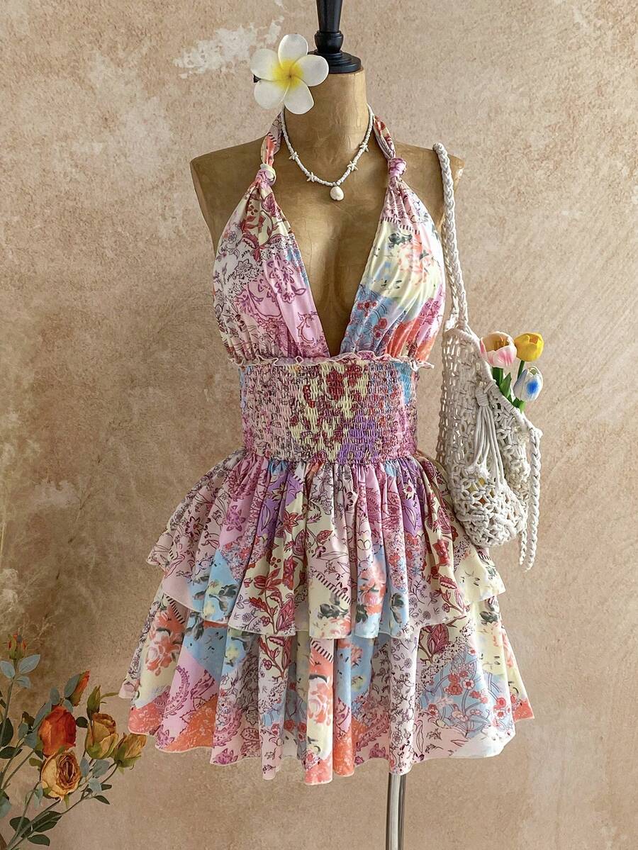 Soleia 度假风格多色拼布花卉复古褶饰蝴蝶结挂脖腰荷叶边下摆 A 字中长连衣裙 - 彩色 - 查看 1