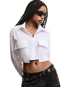 LYSMO Summer Outfits Flap Pocket White Button Front Crop Shirt - White - View 3