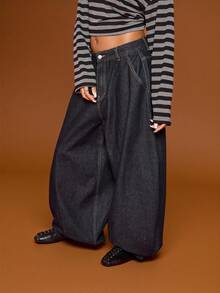 COUREZ 低腰宽松灯笼裤，靛蓝水洗/Y2K秋冬街头风可爱宽松超大牛仔裤，秋冬假日新年低腰牛仔裤，女士冬季服装，筒状牛仔裤 - 寶藍色 - 查看 4