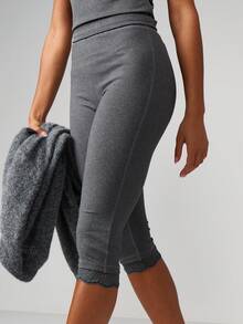 MISSGUIDED Ribbed Capri Leggings With Lace Hem Detail High Waisted Fitted Athleisure Bottoms For Active Lifestyle And Casual Wear - Grey - View 3