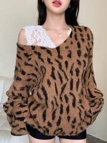 DAZY Suéter elegante de mujer con estampado de leopardo y cuello en V, otoño/invierno - Marrón - Ver 5