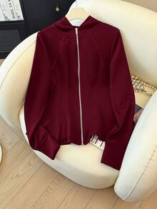 SHEIN Franclia Áo khoác nỉ nữ kiểu dáng thường ngày có khóa kéo và thắt eo, áo peplum mùa thu cho nữ, áo màu đỏ rượu vang cho nữ, áo kiểu thanh lịch cho nữ. - Đỏ - Xem 4