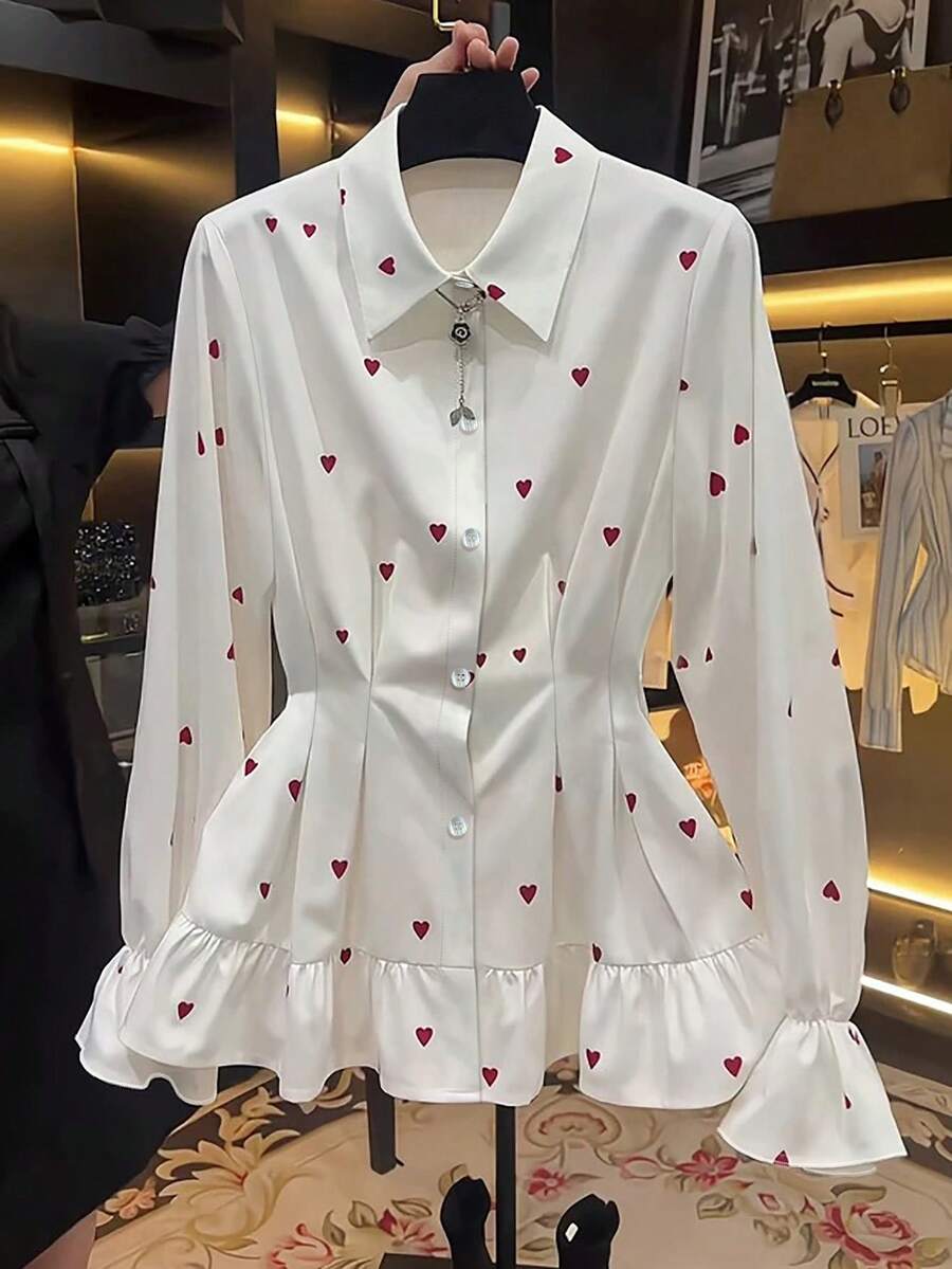 Franclia 女士时尚心形印花荷叶边下摆衬衫 - 彩色 - 查看 1