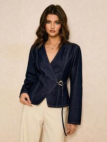 Poéselle Women's Autumn Metal Design Long Sleeve Fashionable Denim Blouse Suit Jacket For Women Blazer Women Cropped Blazer Women's Blazers Dress Jacket Denim Blazer Women Wrap Blazer Belted Jacket Work Clothes Formal Tops For Women Business Casual Women Long Sleeve Top Jeans Jacket Cardigan Jeans Jacket Cardigan Long Sleeve Shirt Winter - Dark Wash - View 4