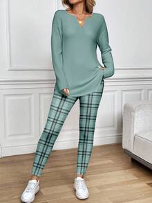 SHEIN LUNE Bộ 2 món gồm áo thun dài tay và quần legging nữ, thích hợp cho mùa thu/đông, kiểu dáng thường ngày, thoải mái và năng động. - màu xanh lá - Xem 4