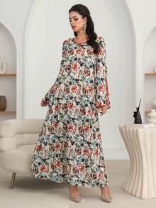 Al Najma Crew Neck Slit Sleeve Leaf Print Long Tunic Kaftan Jalabiya Dress - Black - View 3