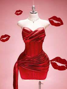 SHEIN ICON 加大码性感紧身红色绷带连衣裙，优雅浪漫，适合情人节、约会和派对穿着 - 紅色 - 查看 10